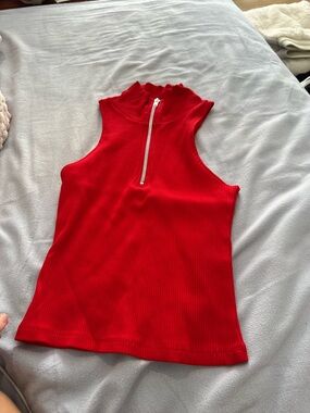 Divided Red Ribbed Sleeveless Zip Mock Neck Tank